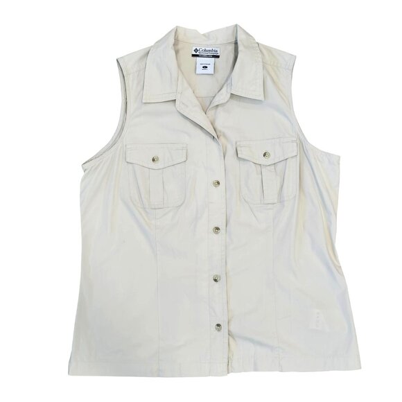 Columbia Womens tactical Beige Sleeveless Button-Front Vest Large 100% Cotton - Picture 1 of 6